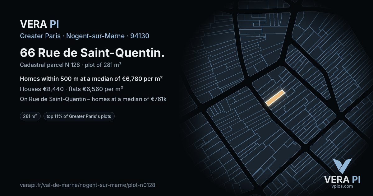 66 Rue de Saint-Quentin, Nogent-sur-Marne at night – the plot lit, the parcels around coloured by the prices near them