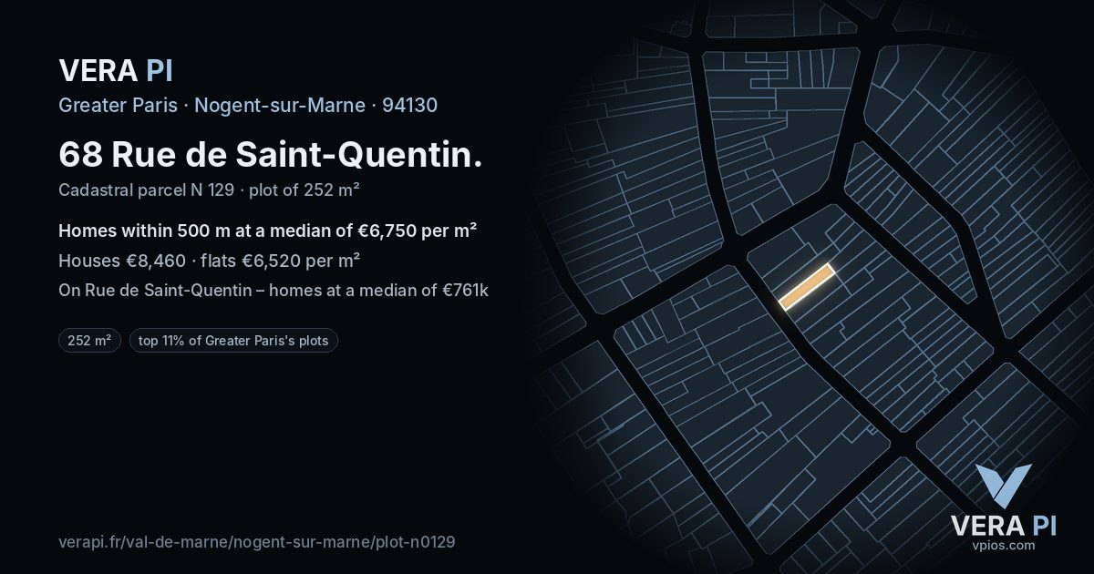 68 Rue de Saint-Quentin, Nogent-sur-Marne at night – the plot lit, the parcels around coloured by the prices near them