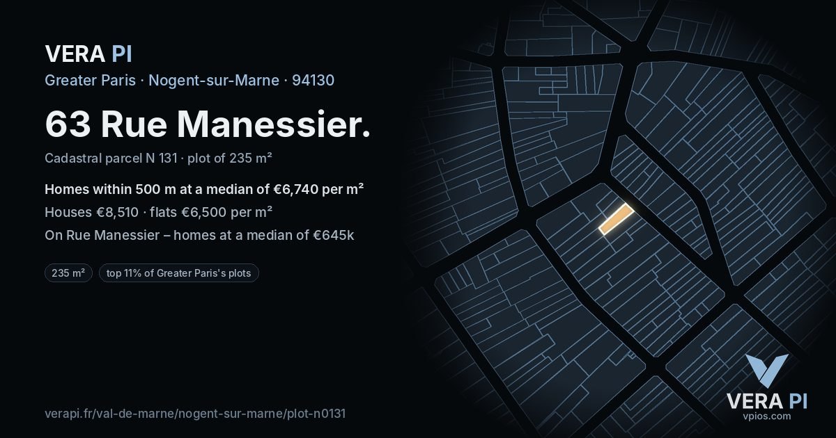 63 Rue Manessier, Nogent-sur-Marne at night – the plot lit, the parcels around coloured by the prices near them