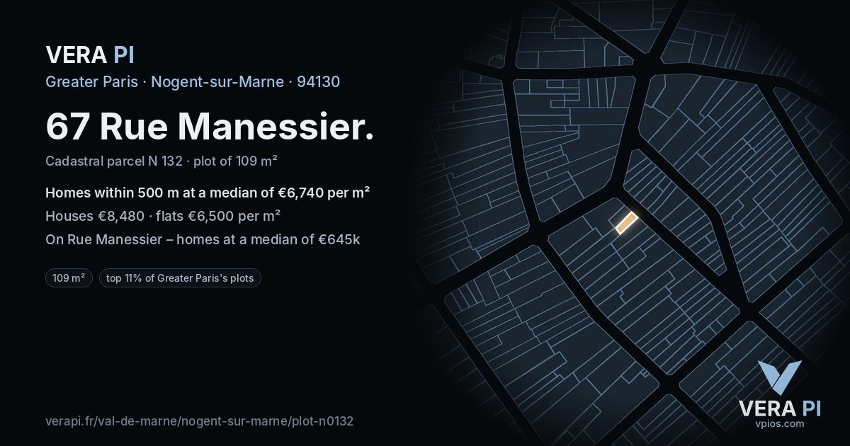 67 Rue Manessier, Nogent-sur-Marne at night – the plot lit, the parcels around coloured by the prices near them