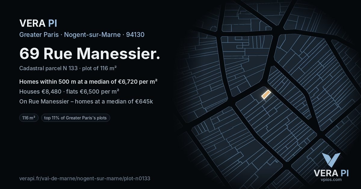 69 Rue Manessier, Nogent-sur-Marne at night – the plot lit, the parcels around coloured by the prices near them