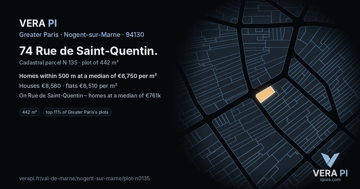 74 Rue de Saint-Quentin, Nogent-sur-Marne at night – the plot lit, the parcels around coloured by the prices near them