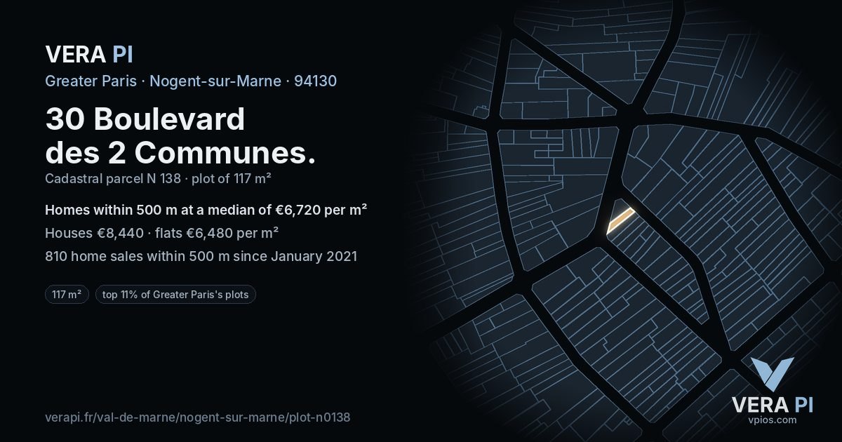 30 Boulevard des 2 Communes, Nogent-sur-Marne at night – the plot lit, the parcels around coloured by the prices near them