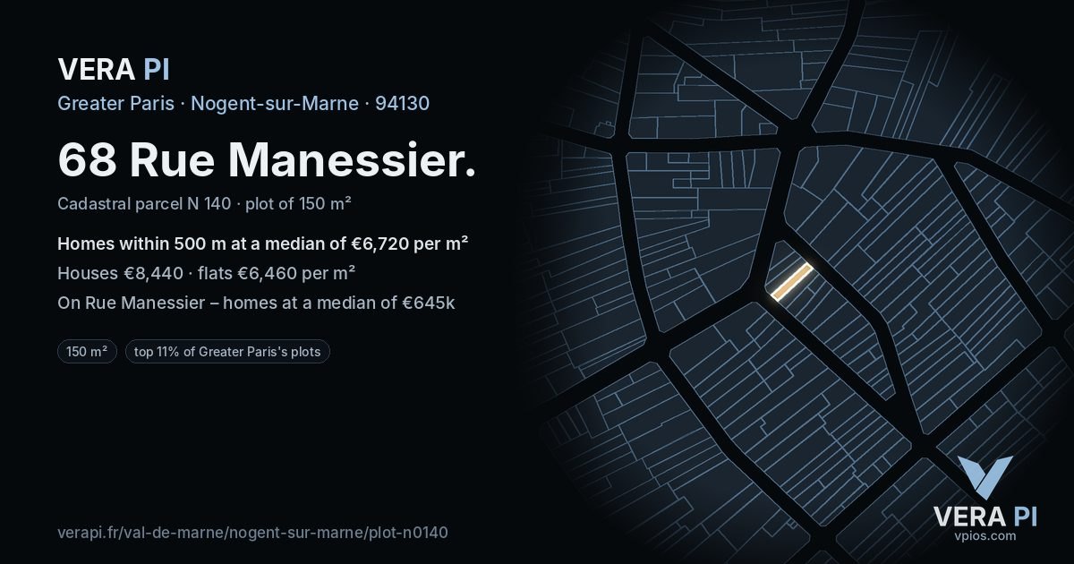 68 Rue Manessier, Nogent-sur-Marne at night – the plot lit, the parcels around coloured by the prices near them