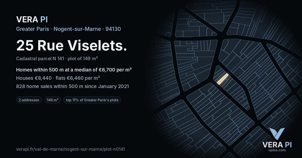 25 Rue Viselets, Nogent-sur-Marne at night – the plot lit, the parcels around coloured by the prices near them