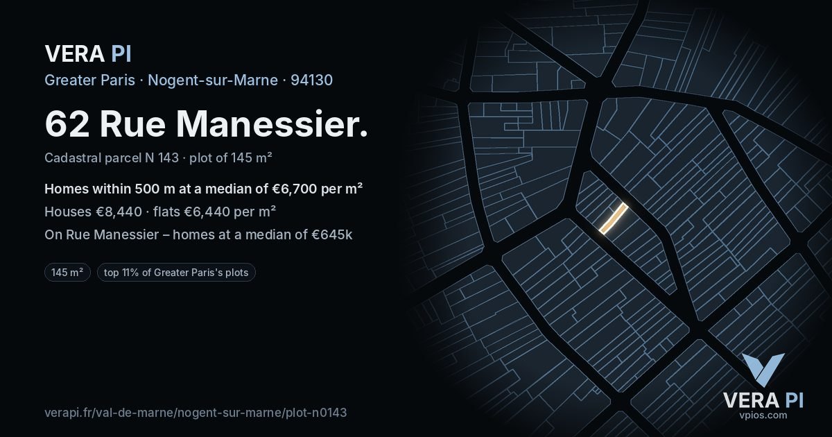 62 Rue Manessier, Nogent-sur-Marne at night – the plot lit, the parcels around coloured by the prices near them