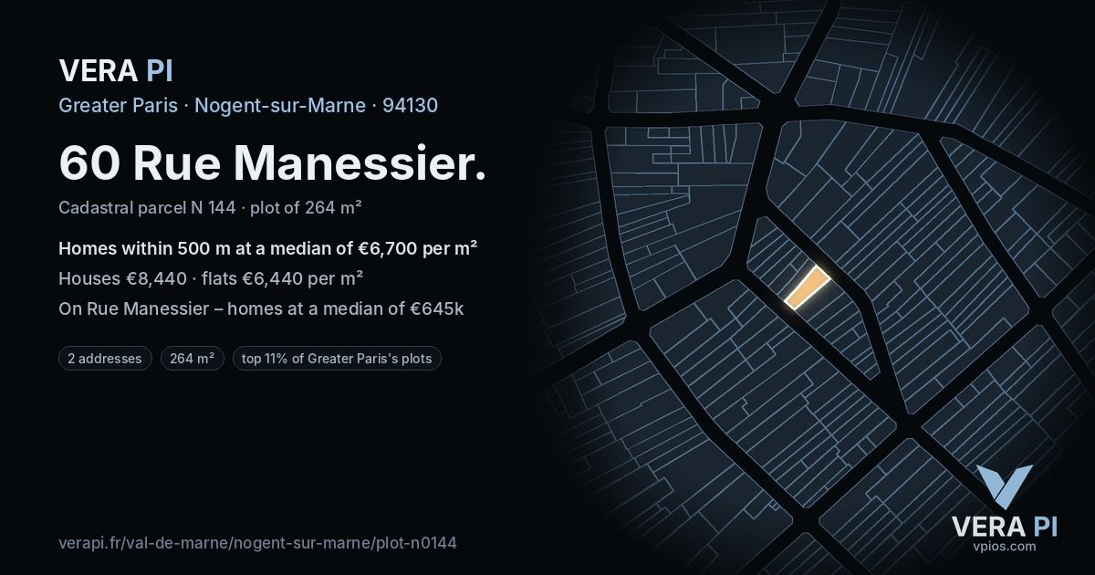 60 Rue Manessier, Nogent-sur-Marne at night – the plot lit, the parcels around coloured by the prices near them