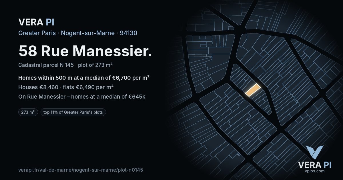 58 Rue Manessier, Nogent-sur-Marne at night – the plot lit, the parcels around coloured by the prices near them
