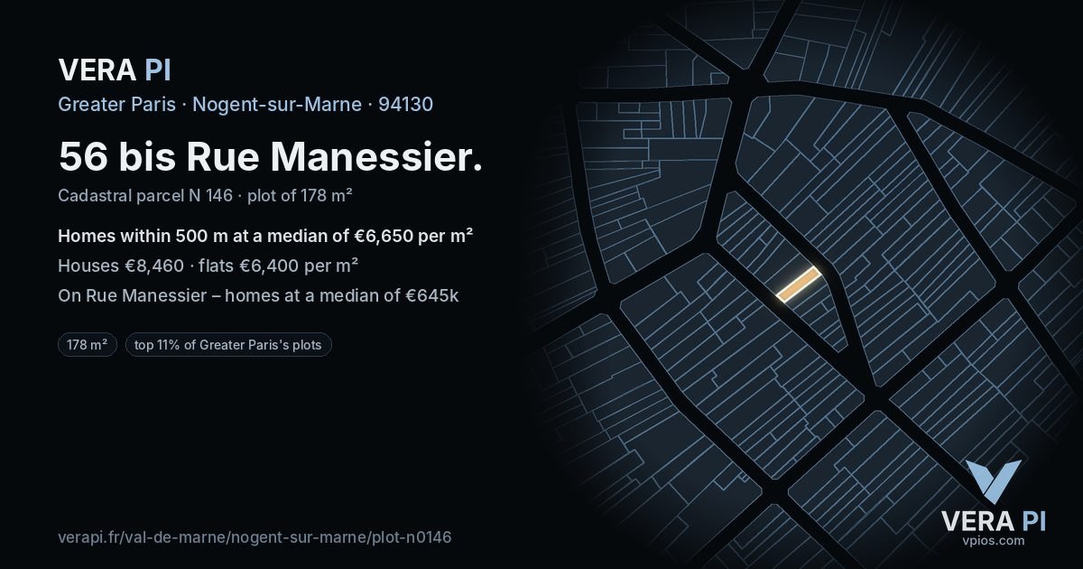 56 bis Rue Manessier, Nogent-sur-Marne at night – the plot lit, the parcels around coloured by the prices near them