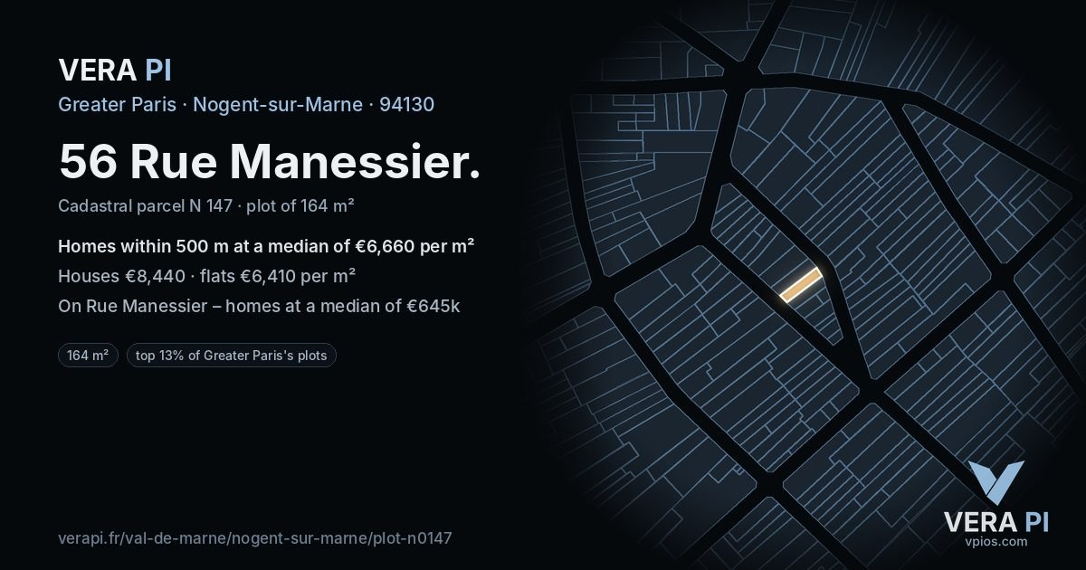 56 Rue Manessier, Nogent-sur-Marne at night – the plot lit, the parcels around coloured by the prices near them