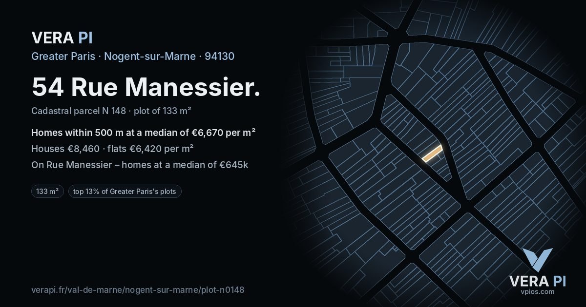 54 Rue Manessier, Nogent-sur-Marne at night – the plot lit, the parcels around coloured by the prices near them
