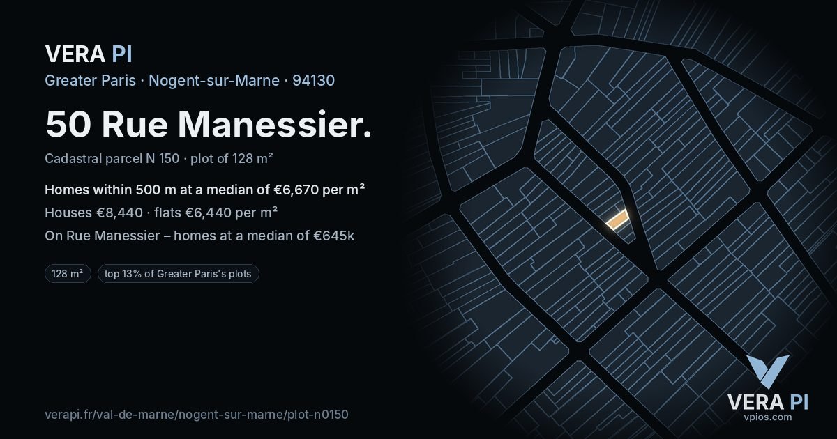 50 Rue Manessier, Nogent-sur-Marne at night – the plot lit, the parcels around coloured by the prices near them