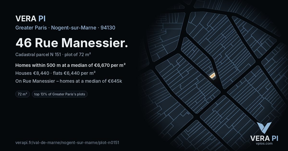 46 Rue Manessier, Nogent-sur-Marne at night – the plot lit, the parcels around coloured by the prices near them