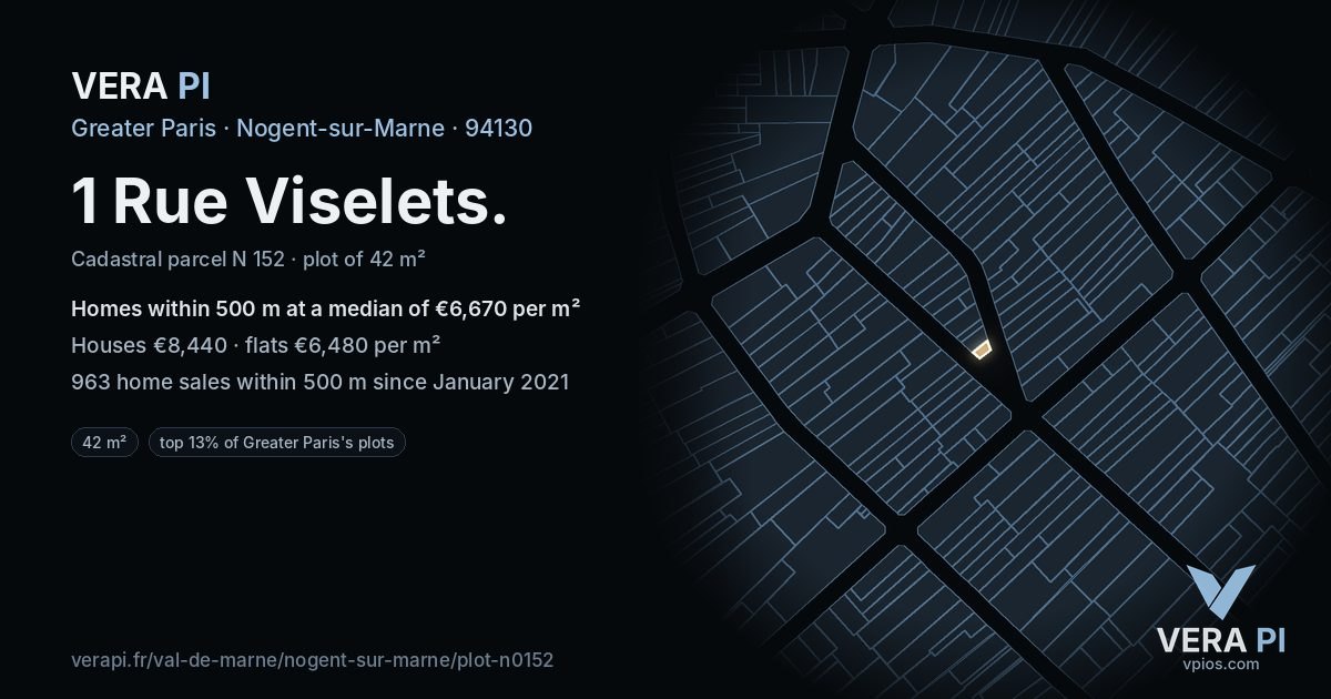 1 Rue Viselets, Nogent-sur-Marne at night – the plot lit, the parcels around coloured by the prices near them