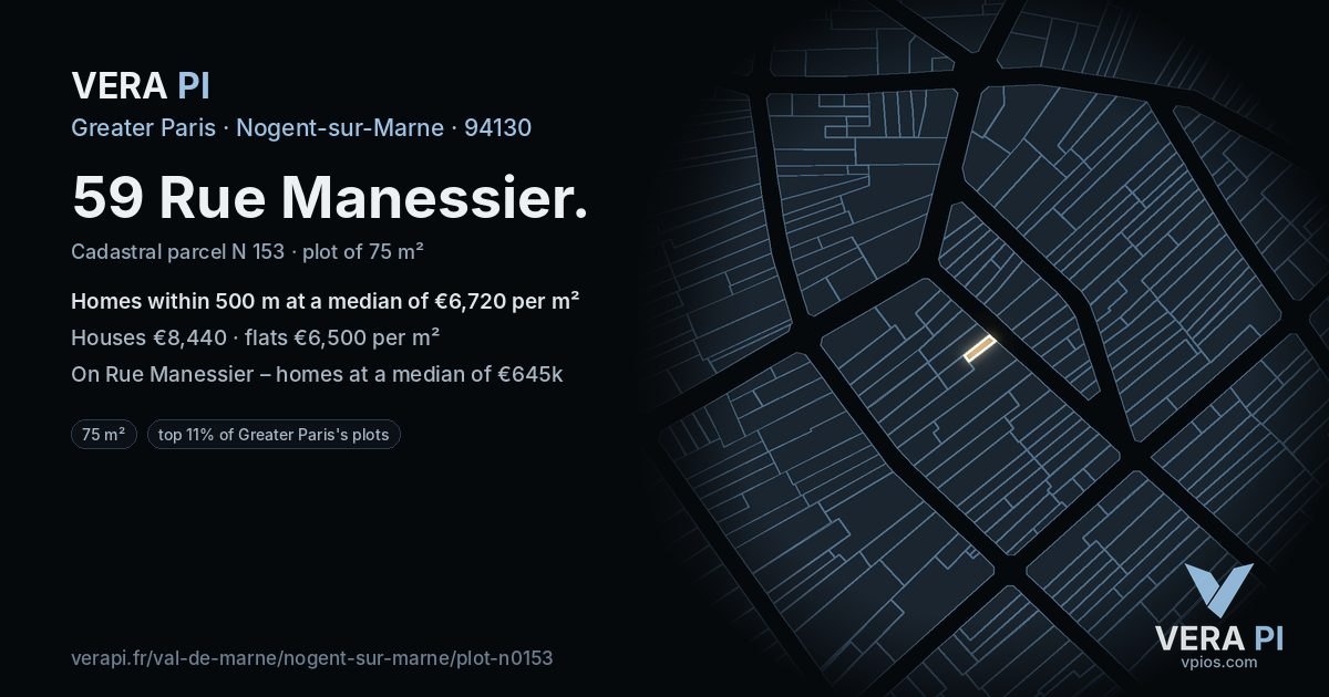 59 Rue Manessier, Nogent-sur-Marne at night – the plot lit, the parcels around coloured by the prices near them