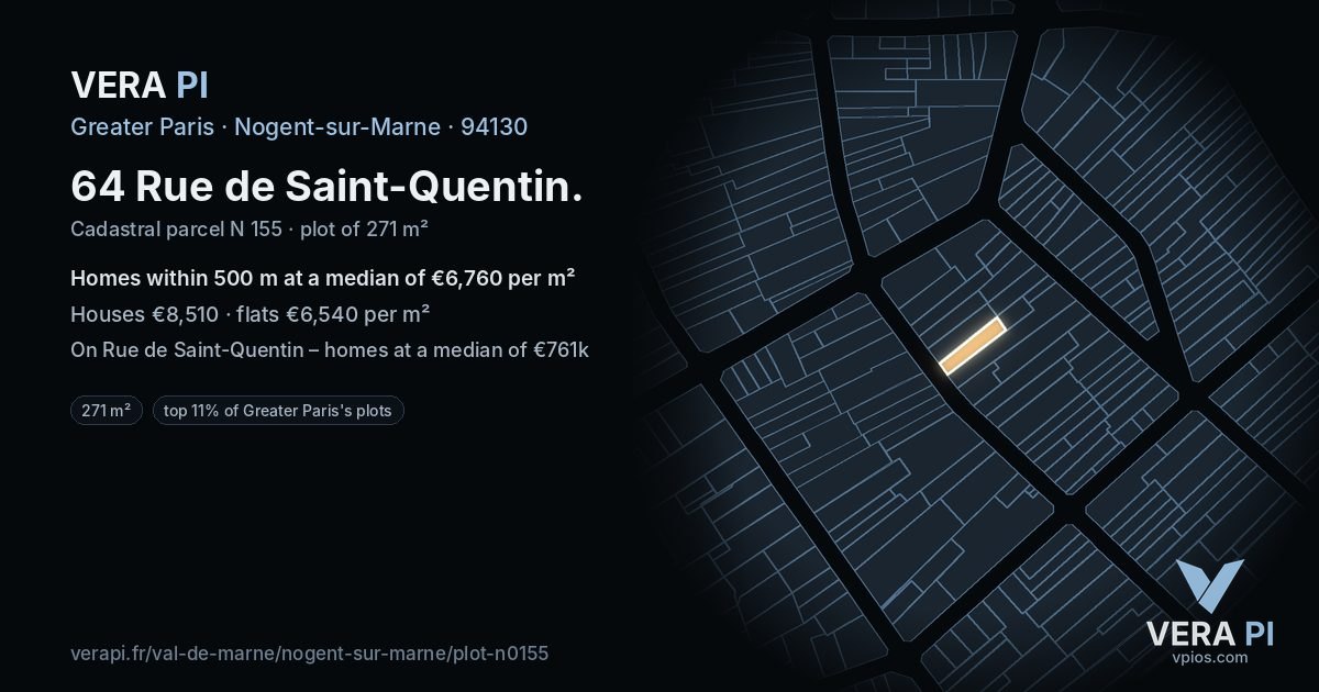 64 Rue de Saint-Quentin, Nogent-sur-Marne at night – the plot lit, the parcels around coloured by the prices near them