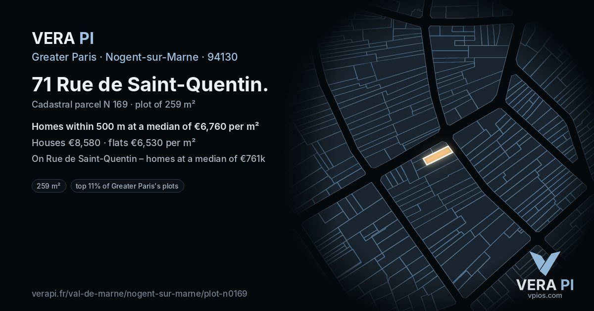 71 Rue de Saint-Quentin, Nogent-sur-Marne at night – the plot lit, the parcels around coloured by the prices near them