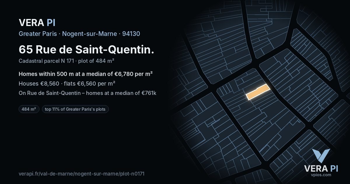 65 Rue de Saint-Quentin, Nogent-sur-Marne at night – the plot lit, the parcels around coloured by the prices near them