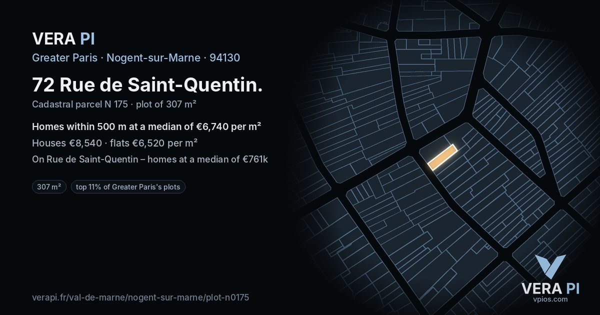 72 Rue de Saint-Quentin, Nogent-sur-Marne at night – the plot lit, the parcels around coloured by the prices near them