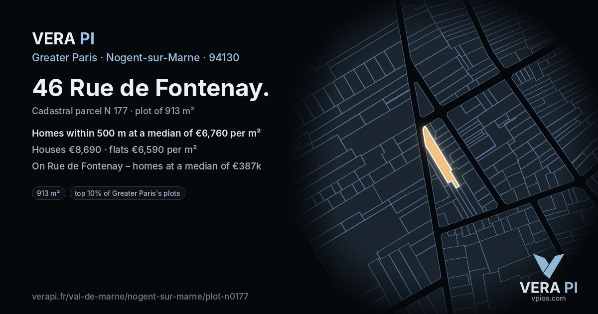 46 Rue de Fontenay, Nogent-sur-Marne at night – the plot lit, the parcels around coloured by the prices near them