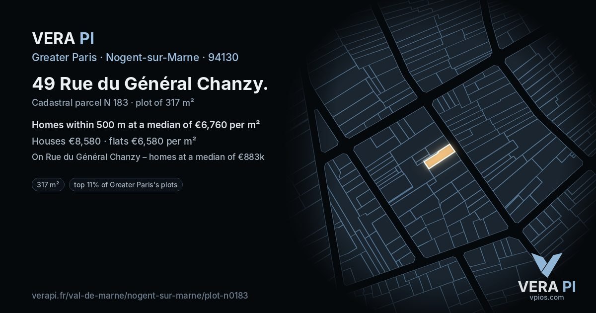 49 Rue du Général Chanzy, Nogent-sur-Marne at night – the plot lit, the parcels around coloured by the prices near them