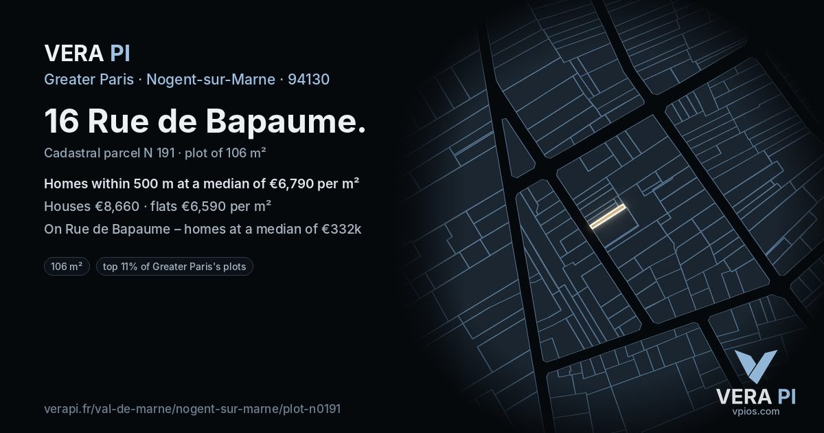 16 Rue de Bapaume, Nogent-sur-Marne at night – the plot lit, the parcels around coloured by the prices near them