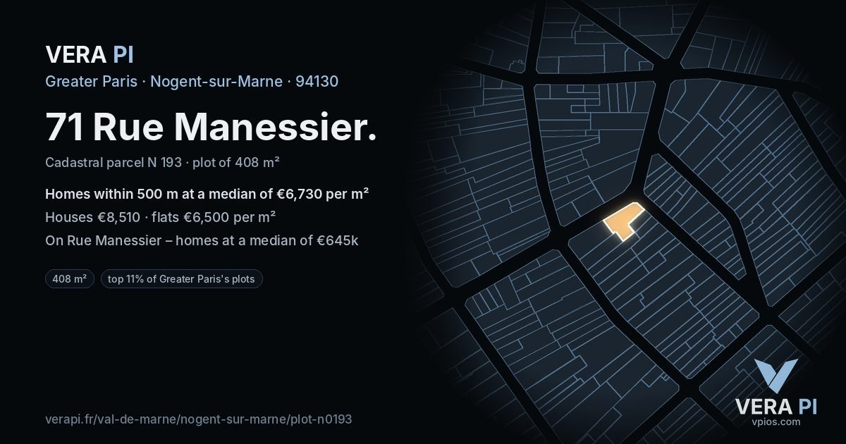 71 Rue Manessier, Nogent-sur-Marne at night – the plot lit, the parcels around coloured by the prices near them