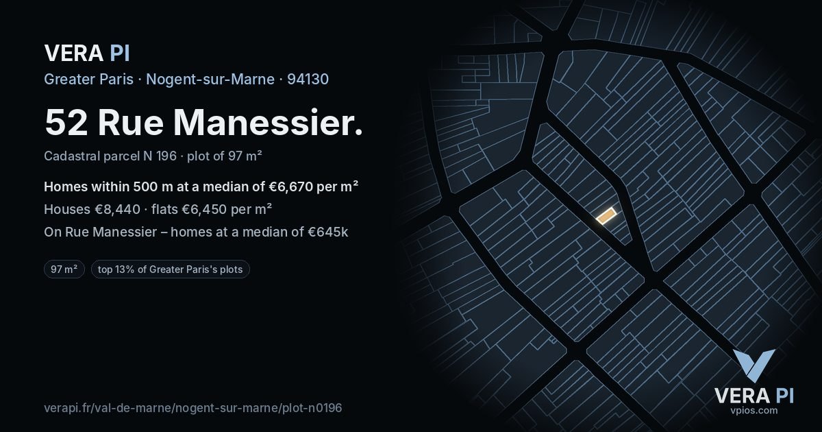 52 Rue Manessier, Nogent-sur-Marne at night – the plot lit, the parcels around coloured by the prices near them