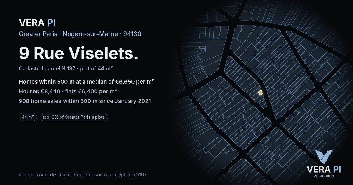 9 Rue Viselets, Nogent-sur-Marne at night – the plot lit, the parcels around coloured by the prices near them