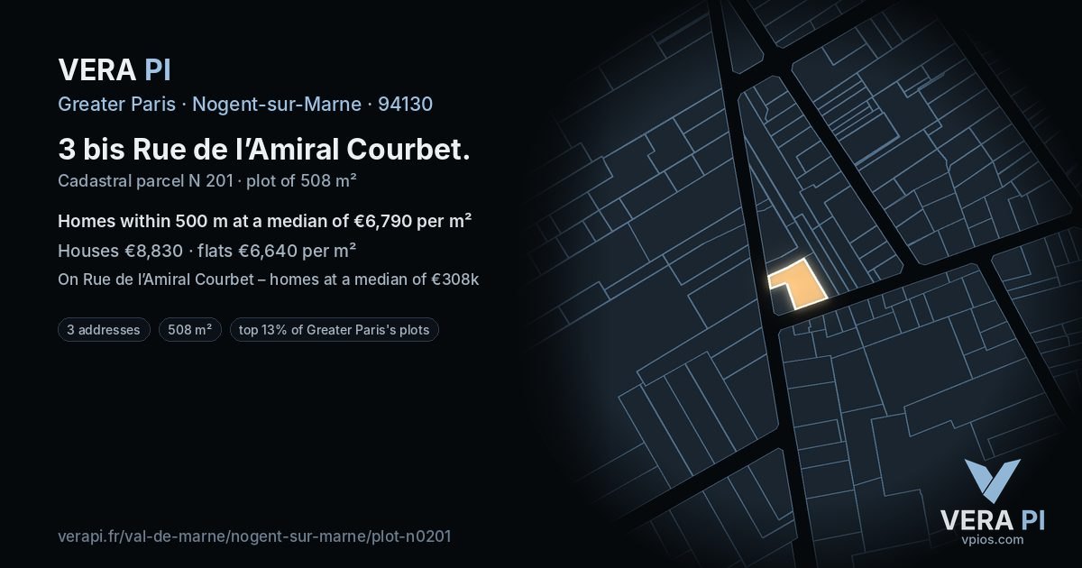 3 bis Rue de l’Amiral Courbet, Nogent-sur-Marne at night – the plot lit, the parcels around coloured by the prices near them