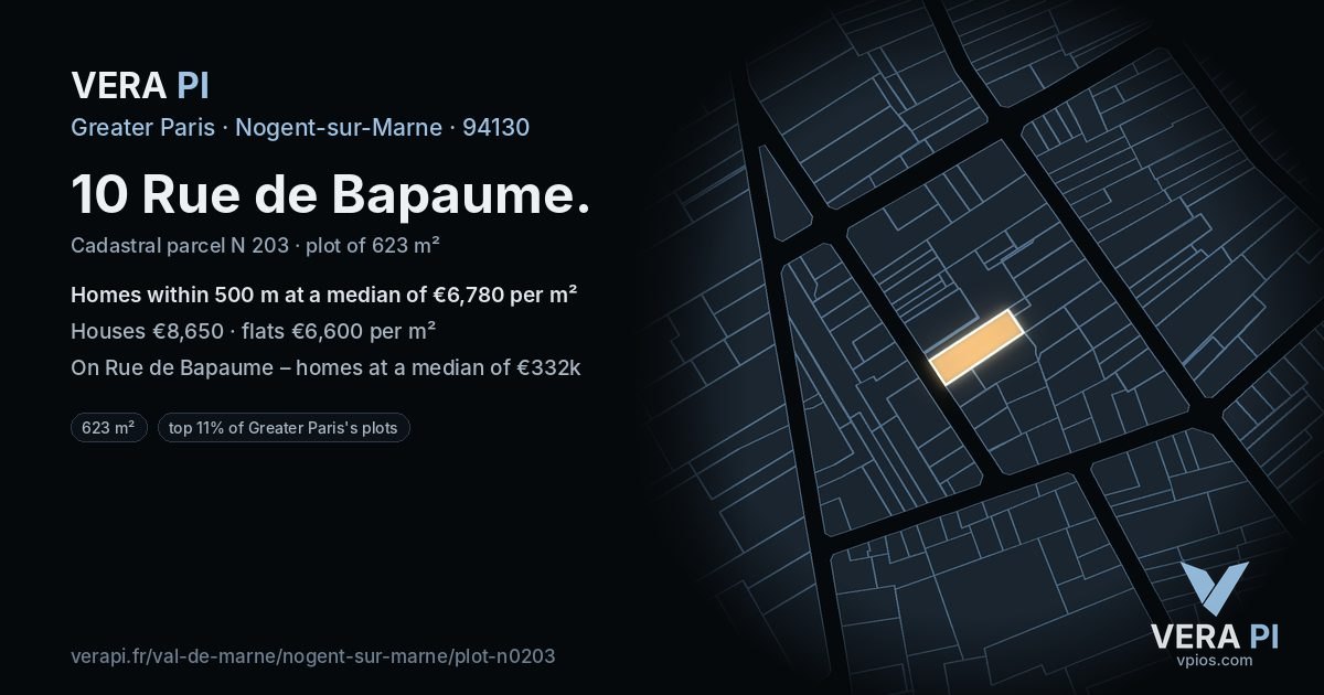 10 Rue de Bapaume, Nogent-sur-Marne at night – the plot lit, the parcels around coloured by the prices near them