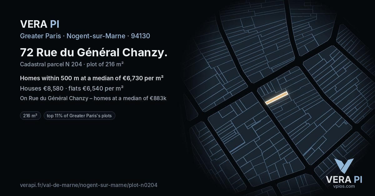 72 Rue du Général Chanzy, Nogent-sur-Marne at night – the plot lit, the parcels around coloured by the prices near them