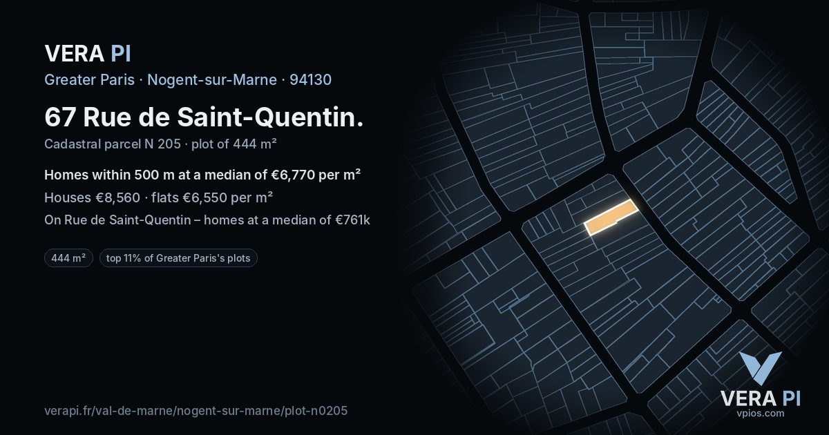 67 Rue de Saint-Quentin, Nogent-sur-Marne at night – the plot lit, the parcels around coloured by the prices near them