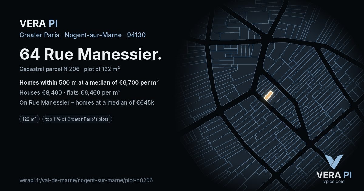 64 Rue Manessier, Nogent-sur-Marne at night – the plot lit, the parcels around coloured by the prices near them