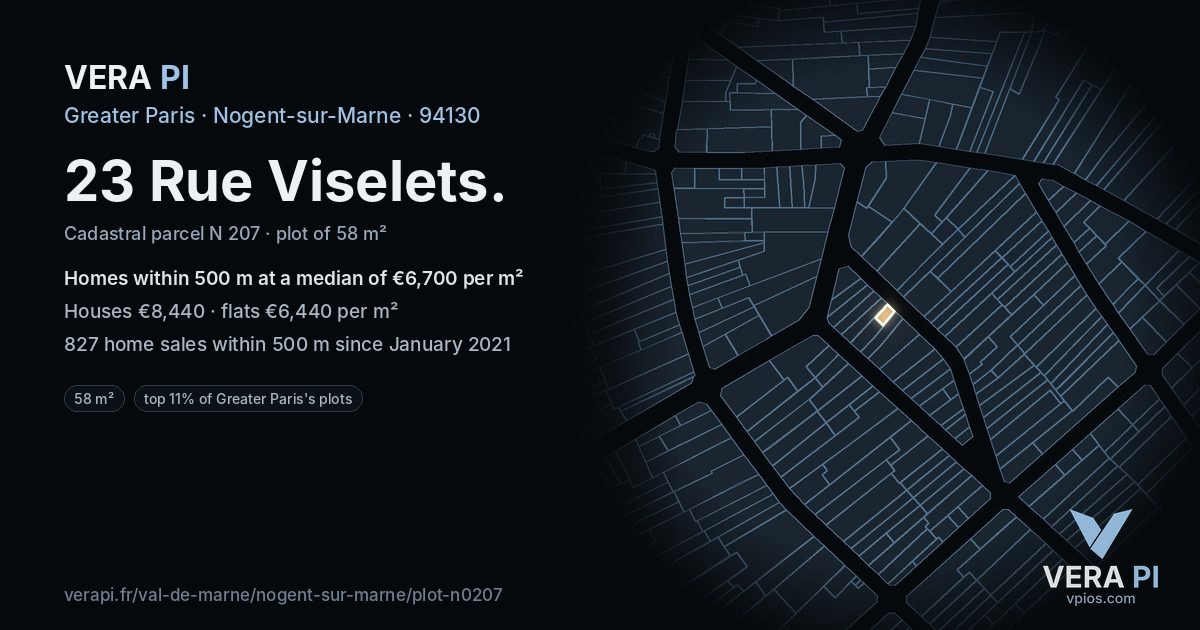 23 Rue Viselets, Nogent-sur-Marne at night – the plot lit, the parcels around coloured by the prices near them
