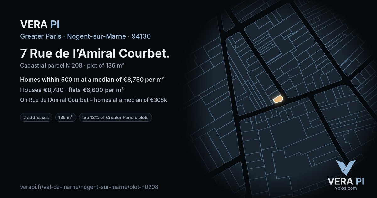 7 Rue de l’Amiral Courbet, Nogent-sur-Marne at night – the plot lit, the parcels around coloured by the prices near them