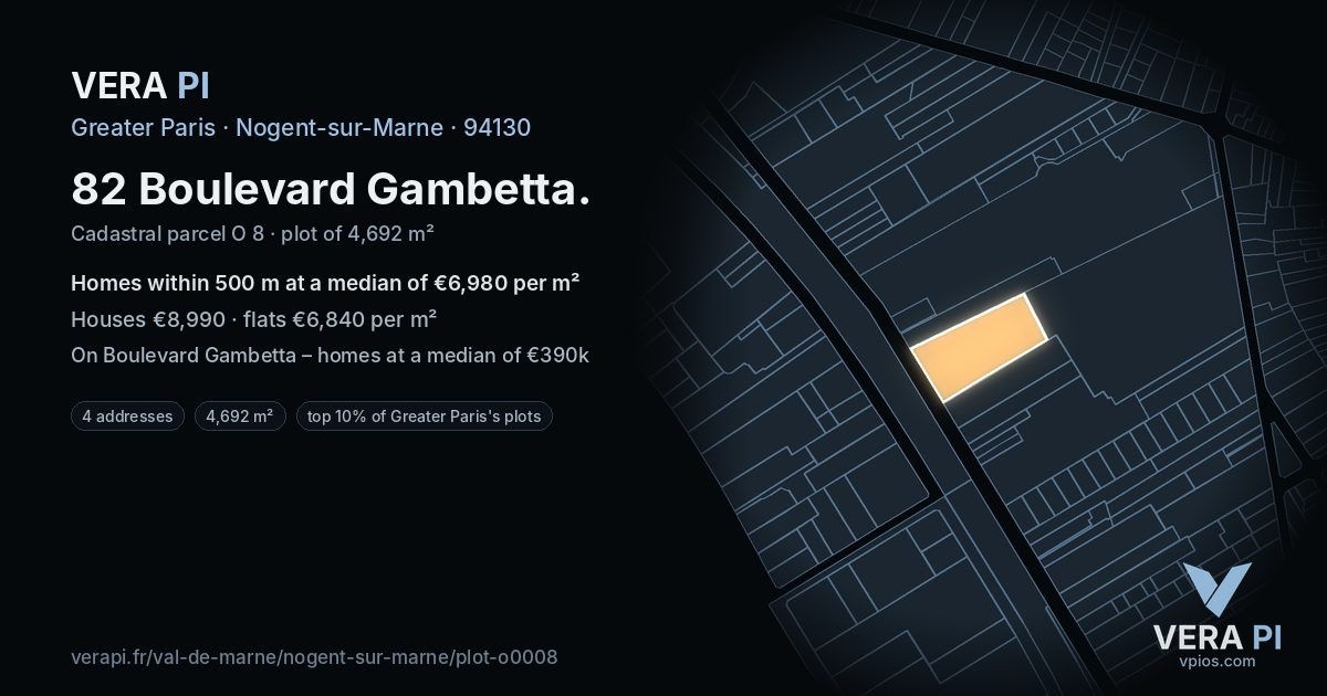 82 Boulevard Gambetta, Nogent-sur-Marne at night – the plot lit, the parcels around coloured by the prices near them