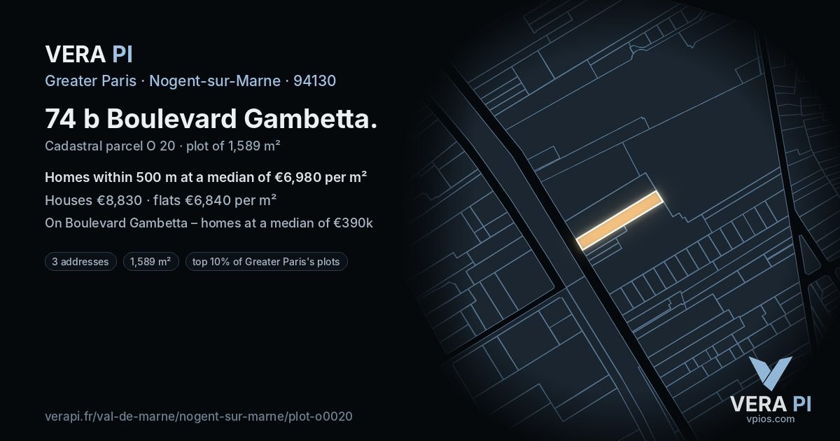 74 b Boulevard Gambetta, Nogent-sur-Marne at night – the plot lit, the parcels around coloured by the prices near them