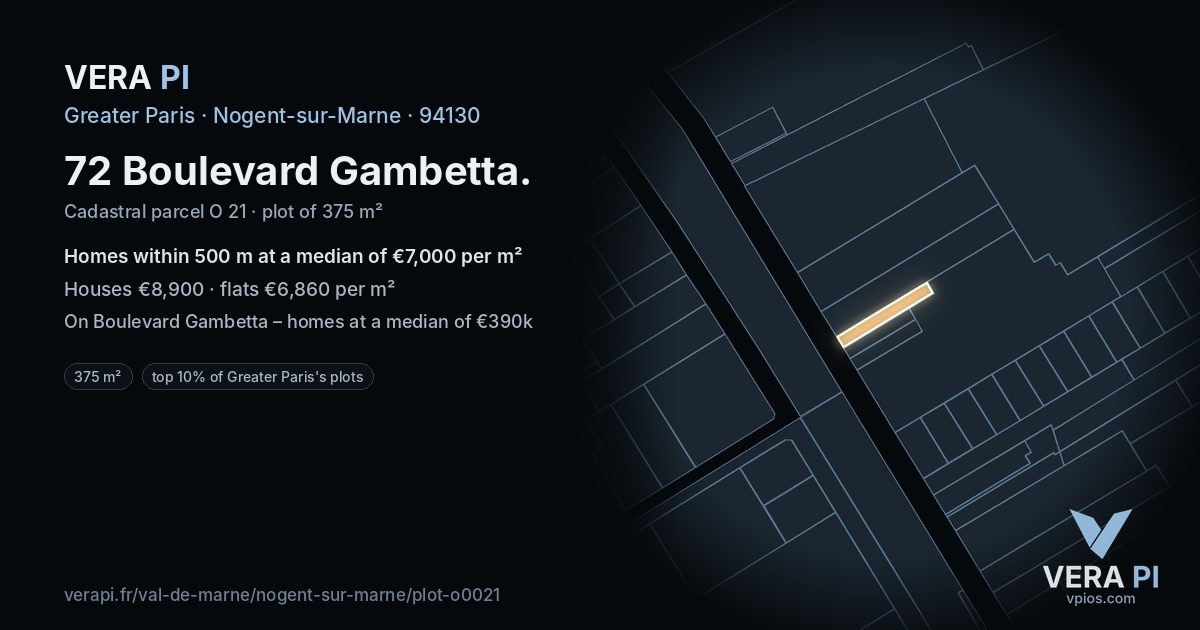 72 Boulevard Gambetta, Nogent-sur-Marne at night – the plot lit, the parcels around coloured by the prices near them