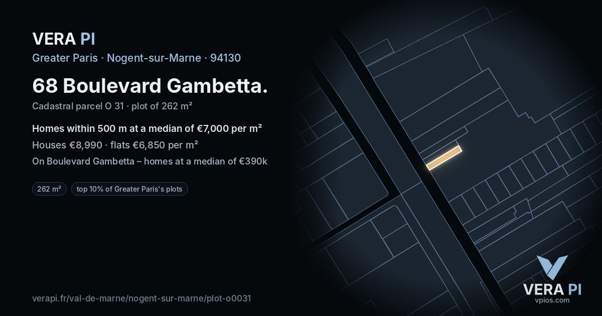 68 Boulevard Gambetta, Nogent-sur-Marne at night – the plot lit, the parcels around coloured by the prices near them