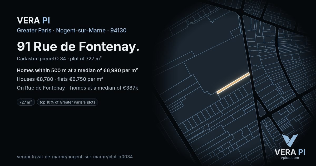 91 Rue de Fontenay, Nogent-sur-Marne at night – the plot lit, the parcels around coloured by the prices near them