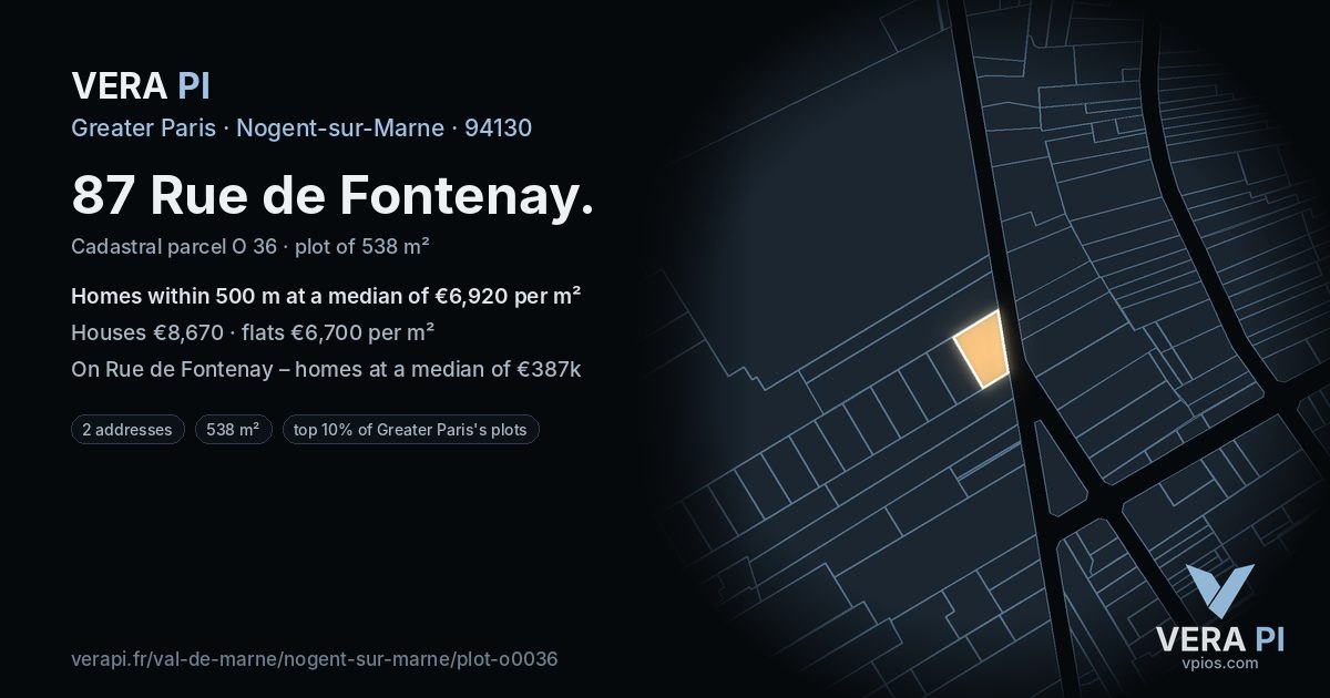 87 Rue de Fontenay, Nogent-sur-Marne at night – the plot lit, the parcels around coloured by the prices near them