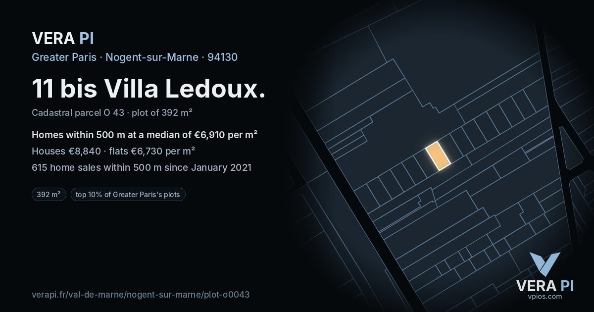 11 bis Villa Ledoux, Nogent-sur-Marne at night – the plot lit, the parcels around coloured by the prices near them