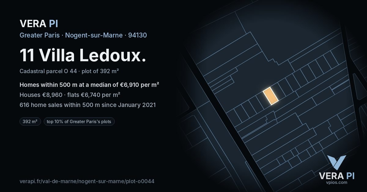 11 Villa Ledoux, Nogent-sur-Marne at night – the plot lit, the parcels around coloured by the prices near them