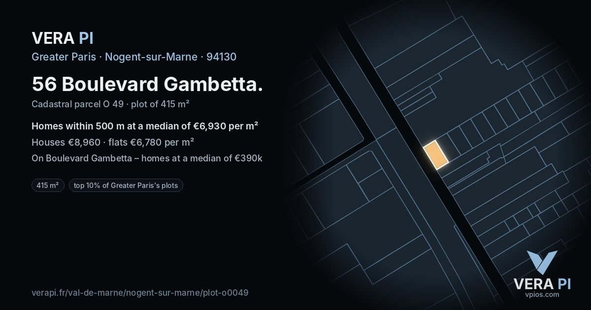 56 Boulevard Gambetta, Nogent-sur-Marne at night – the plot lit, the parcels around coloured by the prices near them