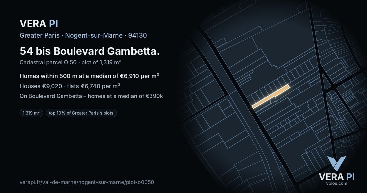 54 bis Boulevard Gambetta, Nogent-sur-Marne at night – the plot lit, the parcels around coloured by the prices near them