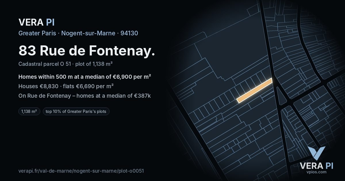 83 Rue de Fontenay, Nogent-sur-Marne at night – the plot lit, the parcels around coloured by the prices near them