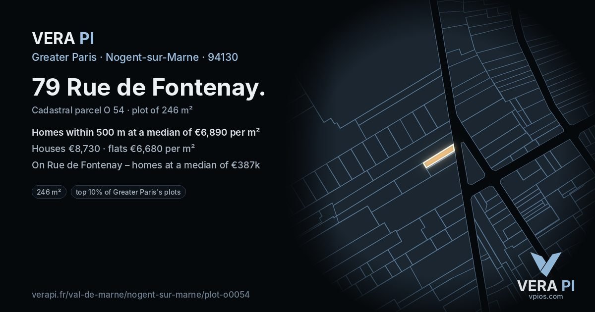 79 Rue de Fontenay, Nogent-sur-Marne at night – the plot lit, the parcels around coloured by the prices near them