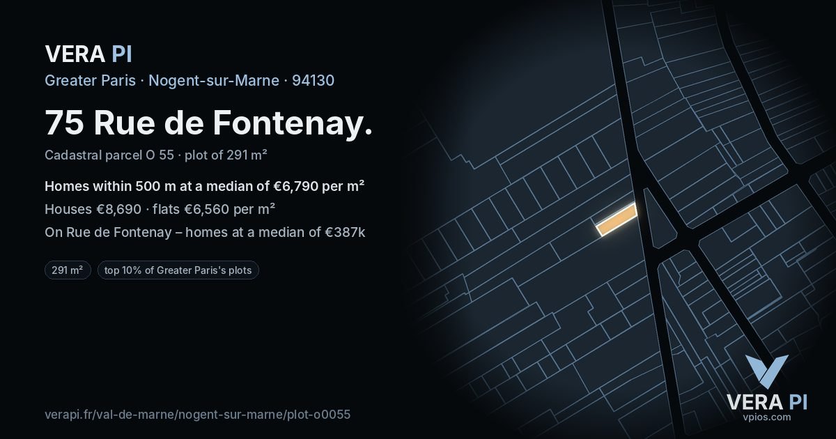 75 Rue de Fontenay, Nogent-sur-Marne at night – the plot lit, the parcels around coloured by the prices near them