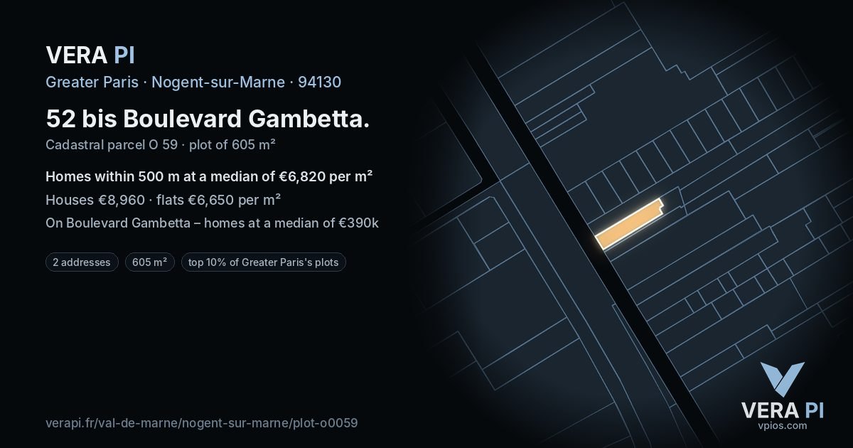 52 bis Boulevard Gambetta, Nogent-sur-Marne at night – the plot lit, the parcels around coloured by the prices near them